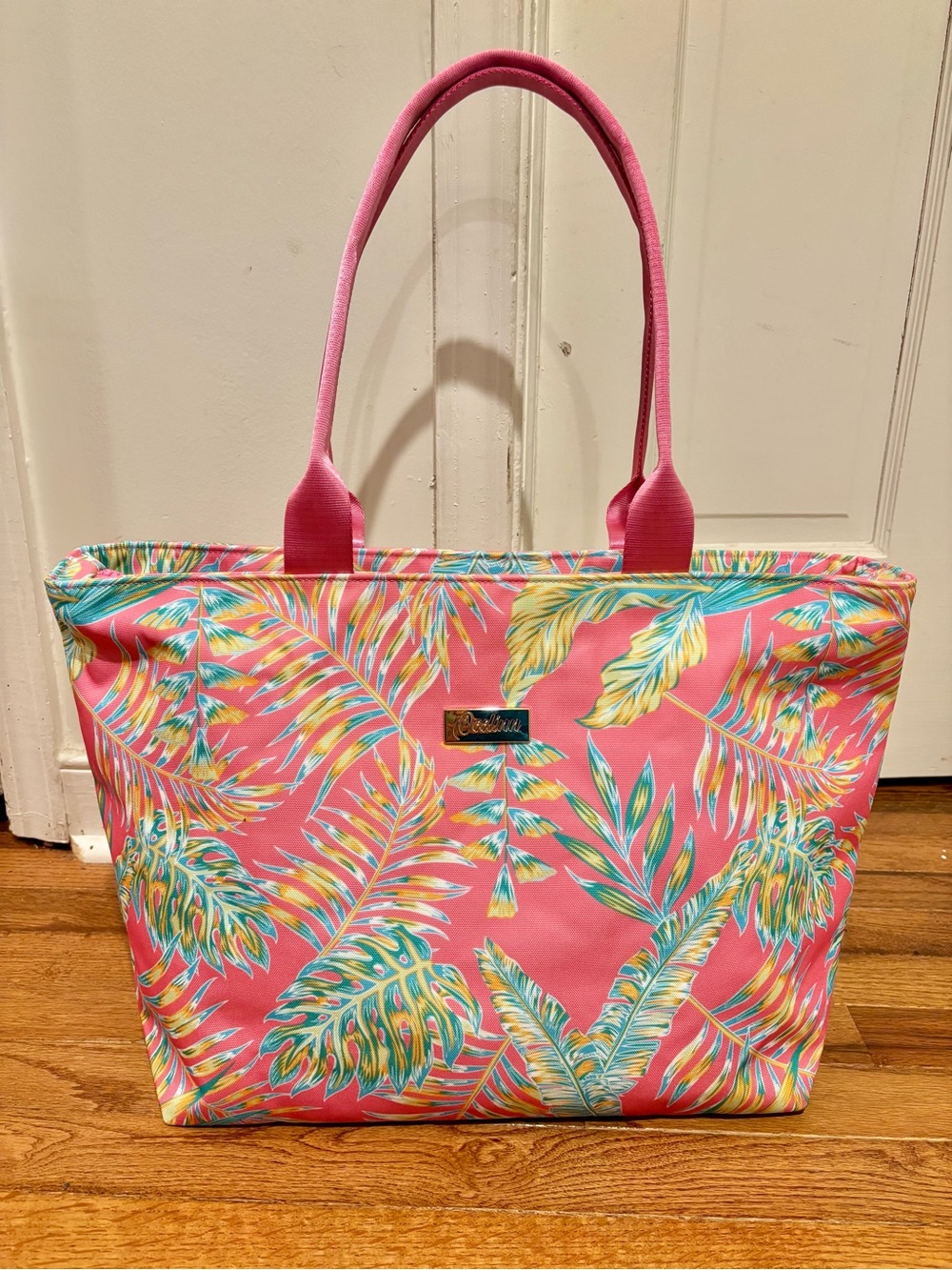Tropical Pink Tote Bag with Palm Frond Print